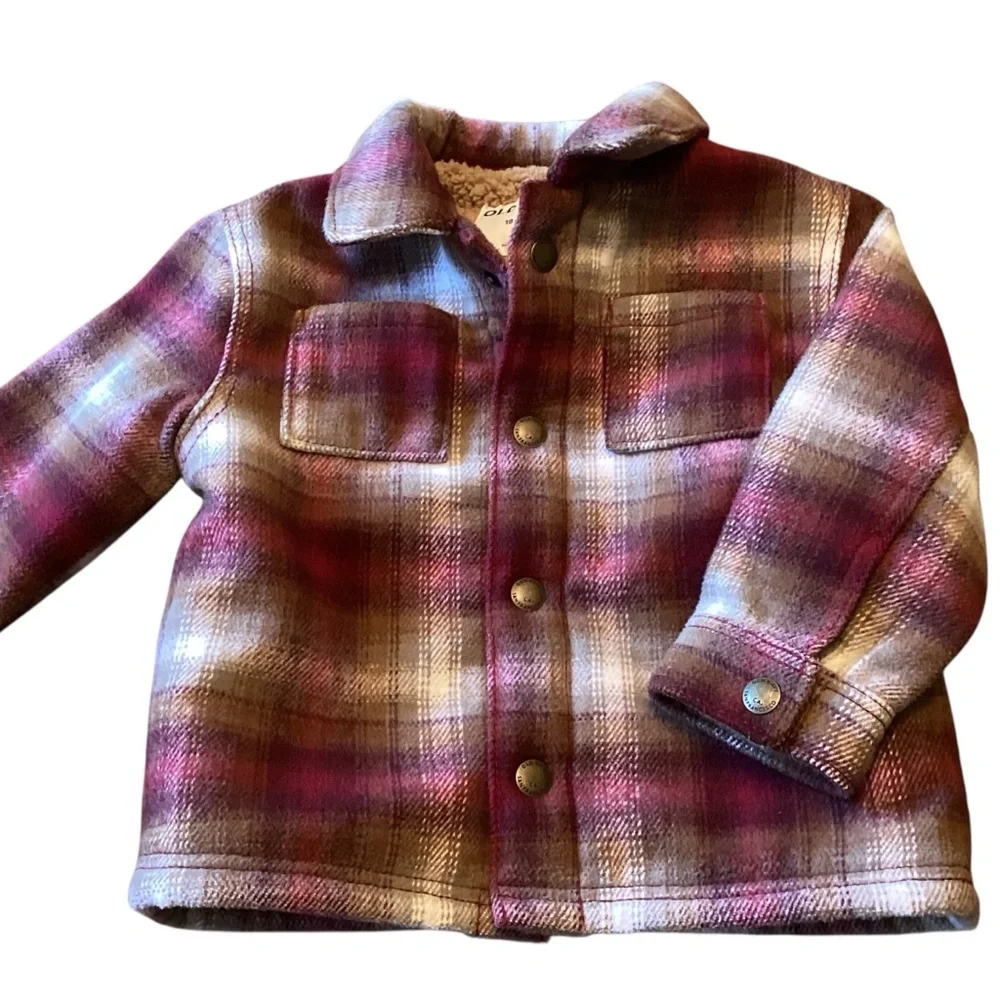 Old Navy Toddler Girls Soft-Brushed Plaid‎ Shacket Burgundy & Cream 18-24 Months